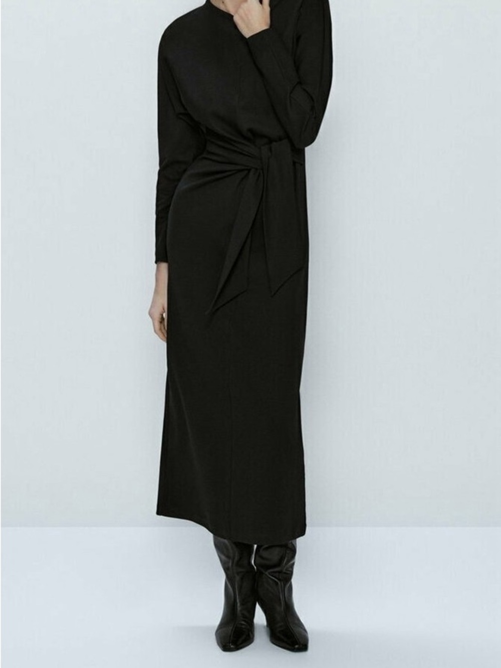 Massimo Dutti Black Long-Sleeve Tie-Waist Maxi Dress